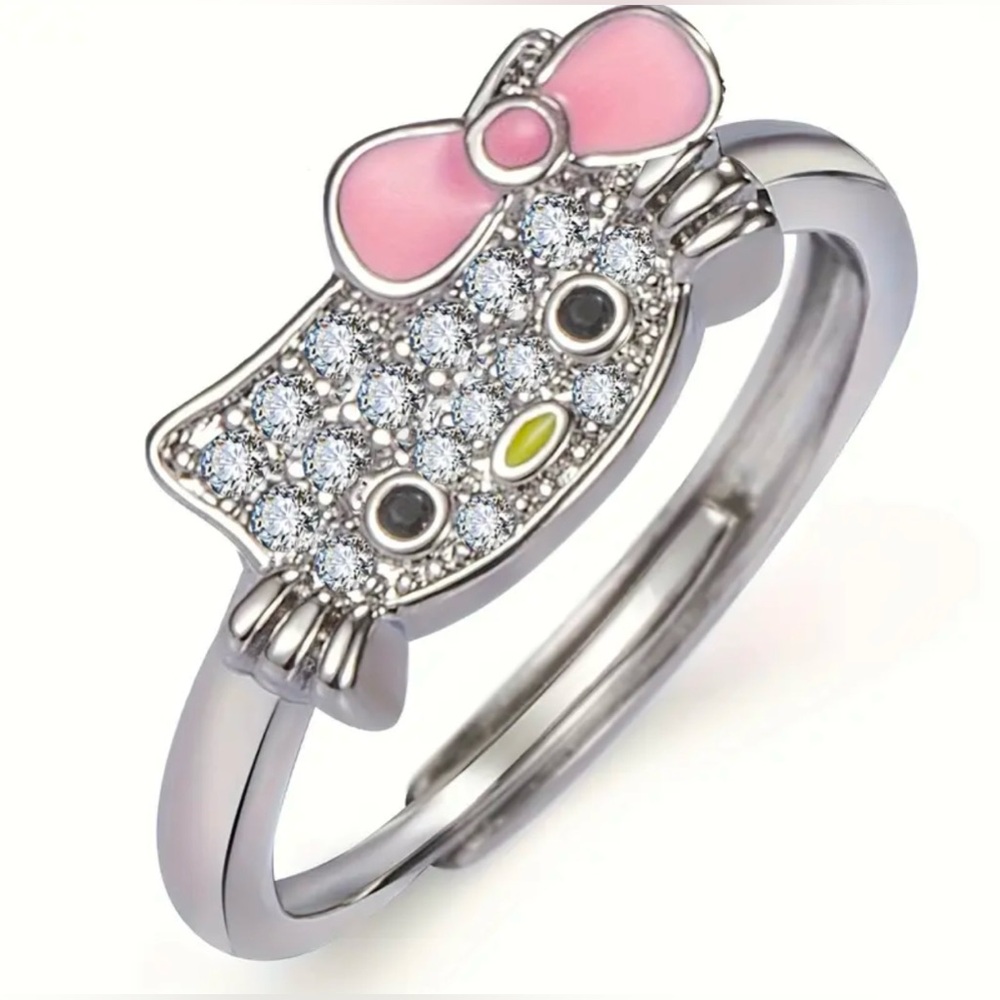 Hello Kitty Licensed Rhinestone with Pink Bow  Adjustable Ring Size 6-9
